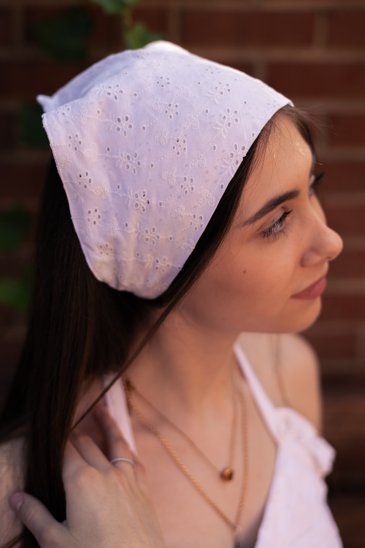 white eyelet fabric head scarf