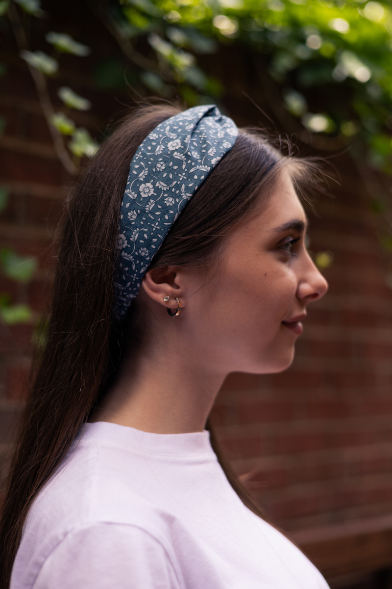 navy blue floral flower printed knot headband
