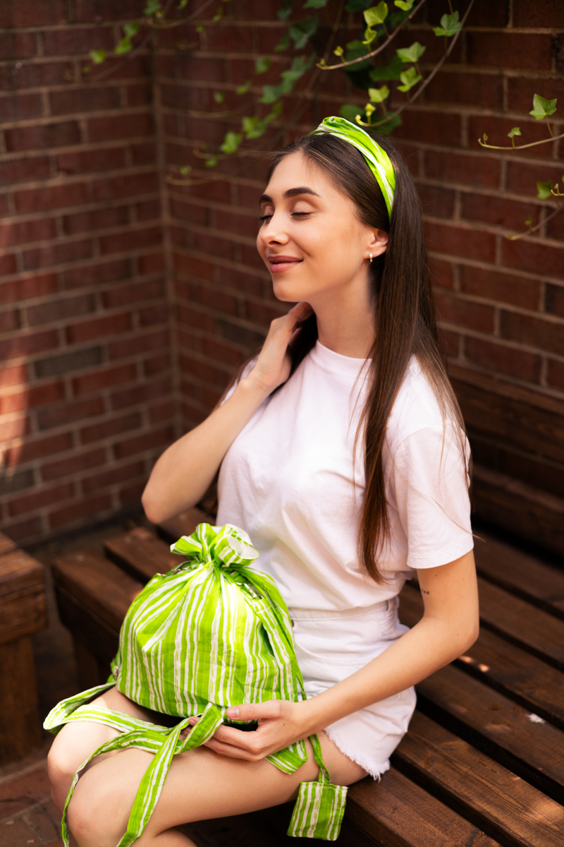striped cotton knot headband green