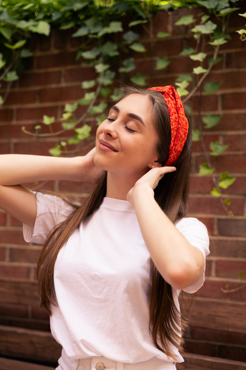 boho summer bright orange self floral headband